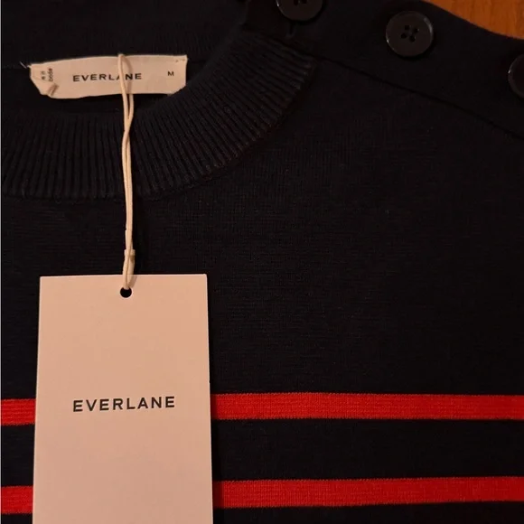 Everlane Women’s Navy and Red Striped Button-Shoulder Sweater - Picture 2 of 3